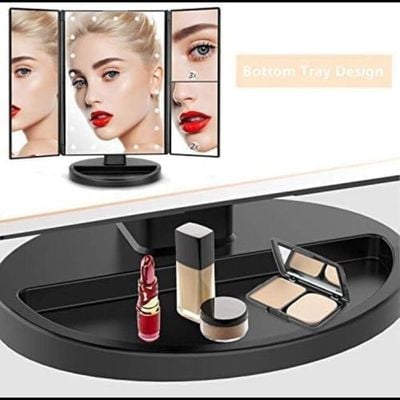 Trifold Vanity Mirror With 21 LED Lights Touch Screen And Magnification (Black)