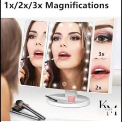 Trifold Vanity Mirror With 21 LED Lights Touch Screen And Magnification (Black)