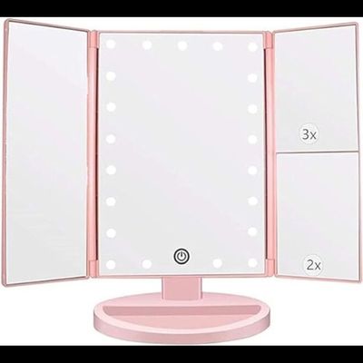 Trifold Vanity Mirror With 21 LED Lights Touch Screen And Magnification (Pink)