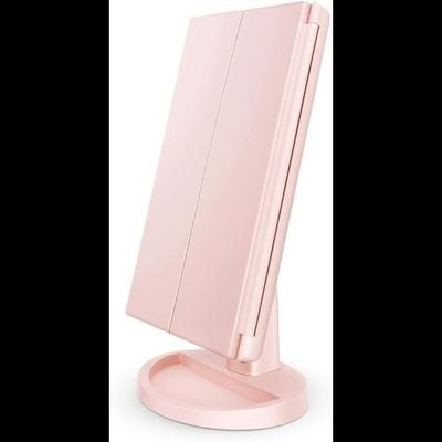 Trifold Vanity Mirror With 21 LED Lights Touch Screen And Magnification (Pink)