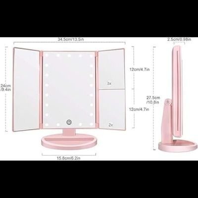 Trifold Vanity Mirror With 21 LED Lights Touch Screen And Magnification (Pink)