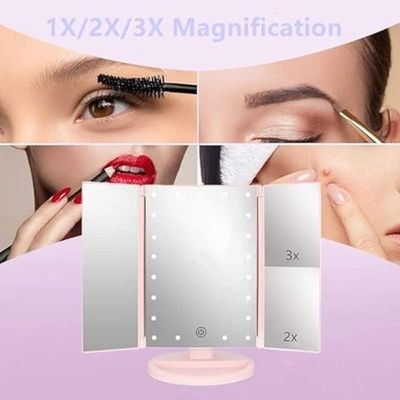 Trifold Vanity Mirror With 21 LED Lights Touch Screen And Magnification (Pink)