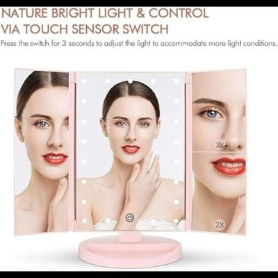 Trifold Vanity Mirror With 21 LED Lights Touch Screen And Magnification (Pink)