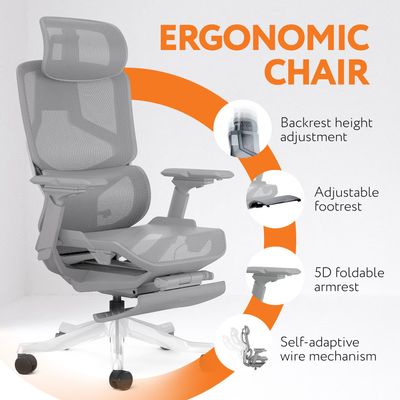 Executive Computer Office Chair - Advanced Ergonomics, High-Back, Breathable Mesh - Adjustable Lumbar Support, Footrest, Headrest, Seat Depth, Foldable Armrests - Aluminum Swivel Base (Grey)