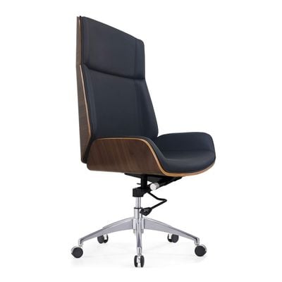 Premium Design Executive Chair - Ergonomic High-Back Office Chair with Natural Wood Case, Comfortable Seat, PU Leather, and Aluminum Base