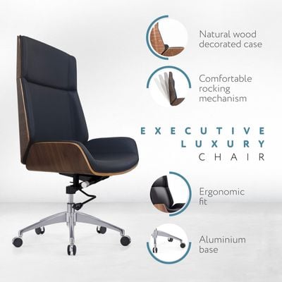 Premium Design Executive Chair - Ergonomic High-Back Office Chair with Natural Wood Case, Comfortable Seat, PU Leather, and Aluminum Base