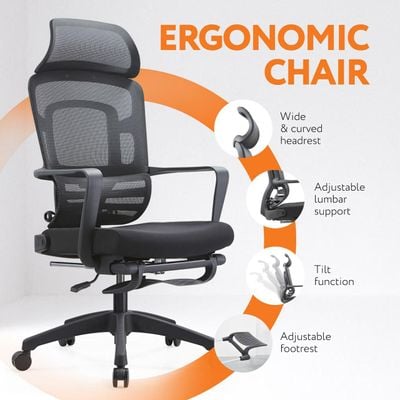  Ergonomic High-Back Office Desk Chair - Lumbar Support, Breathable Mesh Back, Headrest, Armrests, Adjustable Reclining, Retractable Footrest