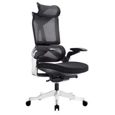 Premium Office Chair - Ergonomic Dynamic Backrest, Synchro Reclining, High-Back, Lumbar Support, Breathable Mesh - Adjustable Headrest, Seat Depth, Soft 4D Armrests - Aluminum Frame