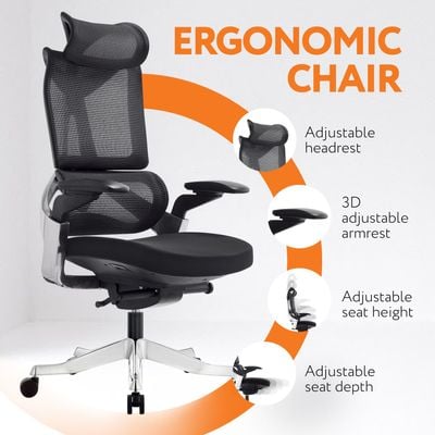 Premium Office Chair - Ergonomic Dynamic Backrest, Synchro Reclining, High-Back, Lumbar Support, Breathable Mesh - Adjustable Headrest, Seat Depth, Soft 4D Armrests - Aluminum Frame