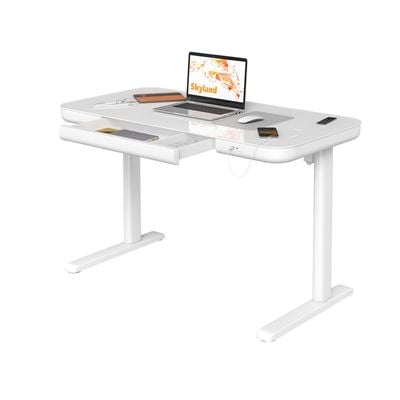 Electric Height Adjustable Standing Desk - Ergonomic Sit-Stand Desk with Drawer, Wireless Charging, USB & Type-C Ports, Cable Management - White Home Office Workstation