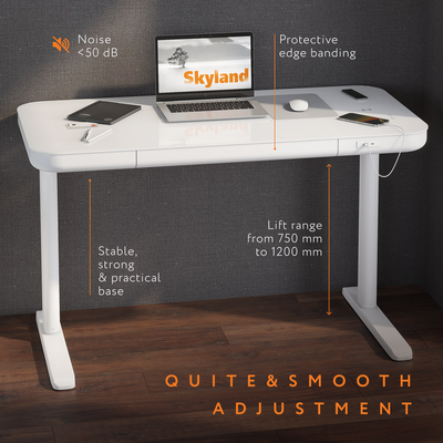 Electric Height Adjustable Standing Desk - Ergonomic Sit-Stand Desk with Drawer, Wireless Charging, USB & Type-C Ports, Cable Management - White Home Office Workstation