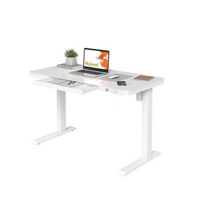 Electric Height Adjustable Desk - Sit-Stand Workstation with Drawer, Wireless Charging, Tempered Glass, Memory Control, Child Lock, Dual USB and Type-C Ports - White Home Office Desk