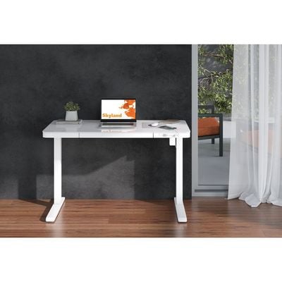 Electric Height Adjustable Desk - Sit-Stand Workstation with Drawer, Wireless Charging, Tempered Glass, Memory Control, Child Lock, Dual USB and Type-C Ports - White Home Office Desk