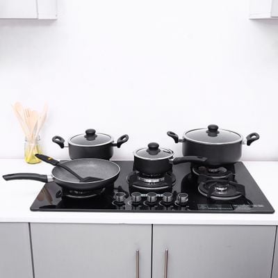 Delcasa 9-Piece Aluminium Non-Stick Coating Durable Design Non-Slip Ergonomic Handle Kitchen Cookware Set Includes 1x Casserole With Lid 26x11 cm, 1x Casserole With Lid 20x9 cm, 1x Frypan, 1x Wokpan, 1x Sauce Pan With Lid, 1x Nylon Turner