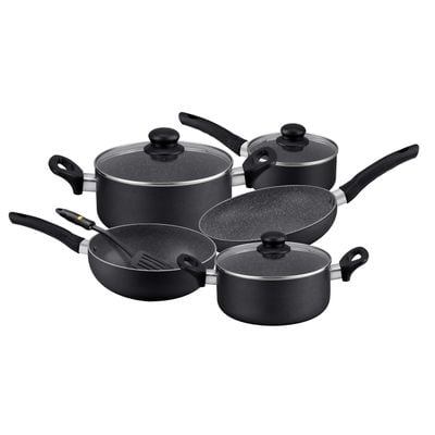 Delcasa 9-Piece Aluminium Non-Stick Coating Durable Design Non-Slip Ergonomic Handle Kitchen Cookware Set Includes 1x Casserole With Lid 26x11 cm, 1x Casserole With Lid 20x9 cm, 1x Frypan, 1x Wokpan, 1x Sauce Pan With Lid, 1x Nylon Turner