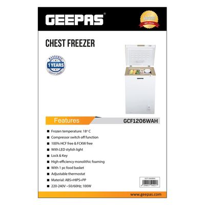 120L Gross/100L Net Capacity Free Standing Chest Freezer With Compressor Switch Off Function, LED Light, Lock & Key, High Efficiency Monolithic Foaming, 1 Food Basket, Adjustable Thermostat 120 L 100 W GCF1206WAH White