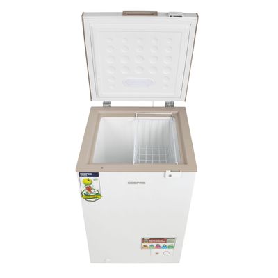 Geepas 120L Gross/100L Net Capacity Free Standing Chest Freezer With Compressor Switch Off Function, LED Light, Lock & Key, High Efficiency Monolithic Foaming, 1 Food Basket, Adjustable Thermostat 120 L 100 W GCF1206WAH White