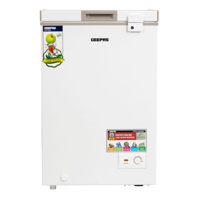 Geepas 120L Gross/100L Net Capacity Free Standing Chest Freezer With Compressor Switch Off Function, LED Light, Lock & Key, High Efficiency Monolithic Foaming, 1 Food Basket, Adjustable Thermostat 120 L 100 W GCF1206WAH White