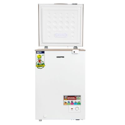 Geepas 120L Gross/100L Net Capacity Free Standing Chest Freezer With Compressor Switch Off Function, LED Light, Lock & Key, High Efficiency Monolithic Foaming, 1 Food Basket, Adjustable Thermostat 120 L 100 W GCF1206WAH White