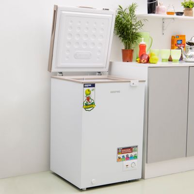 120L Gross/100L Net Capacity Free Standing Chest Freezer With Compressor Switch Off Function, LED Light, Lock & Key, High Efficiency Monolithic Foaming, 1 Food Basket, Adjustable Thermostat 120 L 100 W GCF1206WAH White