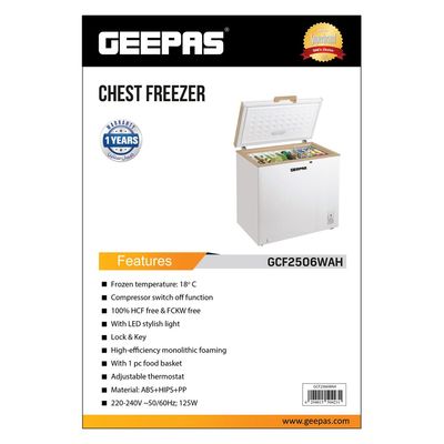 250L Chest Freezer Adjustable Thermostat -18Â°C Frozen Temperature | 1pc Food Basket | Compressor Switch off function , 100% HCF & FCKW Free | 125W, High efficiency Monolithic Foaming| LED Light with Lock & Key 250 L GCF2506WAH White