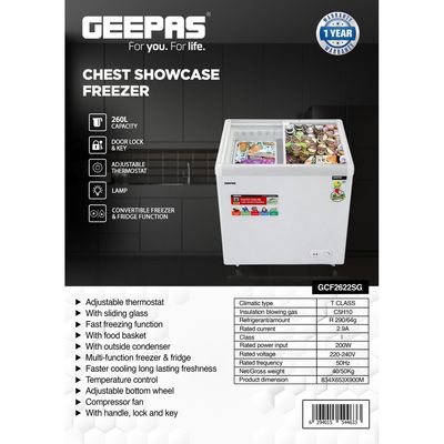 Chest Showcase Freezer-Convertible Freezer And Fridge Function | Faster Cooling Long Lasting Freshness With Temperature Control 260 L 220 W GCF2622SG White