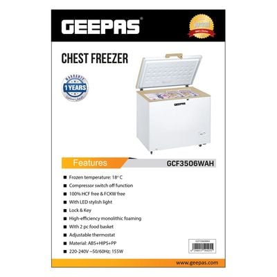 Geepas Chest Freezer, Freestanding Chest Freezer | 350L Deep Freezer with Adjustable Thermostat | 2pc Food Basket Included | LED Light | Comes with Lock & Key 350 L GCF3506WAH White