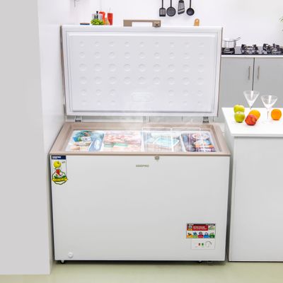 Geepas Chest Freezer, Freestanding Chest Freezer | 350L Deep Freezer with Adjustable Thermostat | 2pc Food Basket Included | LED Light | Comes with Lock & Key 350 L GCF3506WAH White