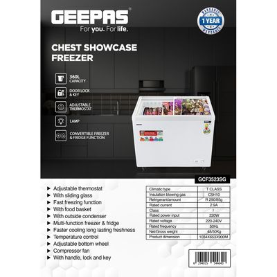 Faster Cooling Chest Showcase Freezer Convertible Freezer and Fridge Function Long Lasting Freshness with Temperature Control 220 W GCF3523SG White