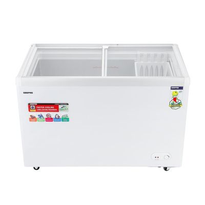 Geepas Chest Showcase Freezer Storage Capacity 425 L Convertible Freezer And Fridge Function Faster Cooling Long Lasting Freshness With Temperature Control 250 W GCF4220SG White