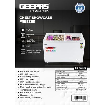 Chest Showcase Freezer Storage Capacity 425 L Convertible Freezer And Fridge Function Faster Cooling Long Lasting Freshness With Temperature Control 250 W GCF4220SG White