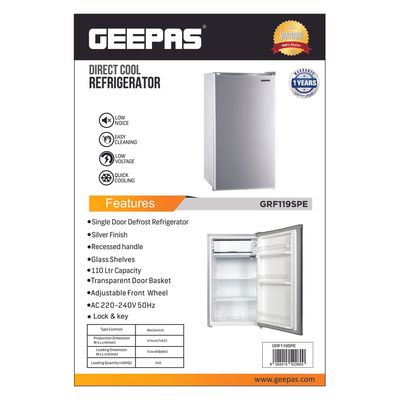 110L Gross/ 95L Net Capacity, Direct Cool Single Door Defrost Refrigerator With Silver Finish, Recessed Handle, Glass Shelves, Transparent Door Basket, Adjsutable Front Wheel, Lock & Key, Low Noise GRF119SPE Silver