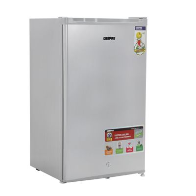 Geepas 110L Gross/ 95L Net Capacity, Direct Cool Single Door Defrost Refrigerator With Silver Finish, Recessed Handle, Glass Shelves, Transparent Door Basket, Adjsutable Front Wheel, Lock & Key, Low Noise GRF119SPE Silver