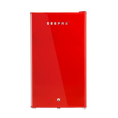 120L Gross/92L Net Capacity, Single Door Mini Defrost Refrigerator With Retro Premium Design, Bottle Opener, Glass Shelves, Transparent Door Basket, Lock & Key, Low Noise, Low Voltage, Adjustable Front Wheel. GRF1202RXE Red