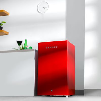 120L Gross/92L Net Capacity, Single Door Mini Defrost Refrigerator With Retro Premium Design, Bottle Opener, Glass Shelves, Transparent Door Basket, Lock & Key, Low Noise, Low Voltage, Adjustable Front Wheel. GRF1202RXE Red