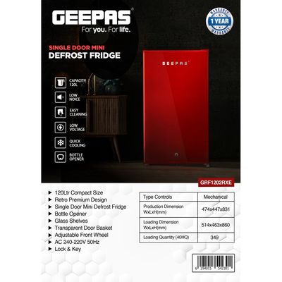 120L Gross/92L Net Capacity, Single Door Mini Defrost Refrigerator With Retro Premium Design, Bottle Opener, Glass Shelves, Transparent Door Basket, Lock & Key, Low Noise, Low Voltage, Adjustable Front Wheel. GRF1202RXE Red