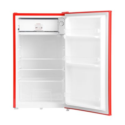 120L Gross/92L Net Capacity, Single Door Mini Defrost Refrigerator With Retro Premium Design, Bottle Opener, Glass Shelves, Transparent Door Basket, Lock & Key, Low Noise, Low Voltage, Adjustable Front Wheel. GRF1202RXE Red