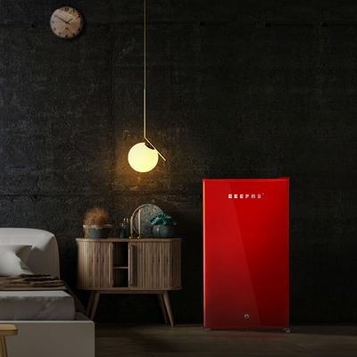 120L Gross/92L Net Capacity, Single Door Mini Defrost Refrigerator With Retro Premium Design, Bottle Opener, Glass Shelves, Transparent Door Basket, Lock & Key, Low Noise, Low Voltage, Adjustable Front Wheel. GRF1202RXE Red