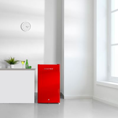 120L Gross/92L Net Capacity, Single Door Mini Defrost Refrigerator With Retro Premium Design, Bottle Opener, Glass Shelves, Transparent Door Basket, Lock & Key, Low Noise, Low Voltage, Adjustable Front Wheel. GRF1202RXE Red