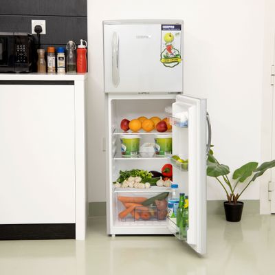 180L Double Door Refrigerator - Durable Double Door Refrigerator, Fast Cooling & Preserves Freshness, Low Noise, Energy Efficient, In-Built Deodorizer, Tempered Glass Shelves 132L Net Capacity, Fridge capacity -98L, Freezer Capacity-34L 120 W GRF1856SPN Silver