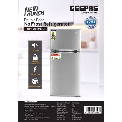 No-frost Double Door Compact Refrigerator 200L Gross Capacity/122L Net Capacity, Auto Defrost-Prevent Ice Formation, Lock And Key, Spacious Vegetable Crisper Box, Fan Cooling For Long Lasting Freshness, 92L Fridge + 30L Freezer Capacity 120 W GRF2003SPN Grey