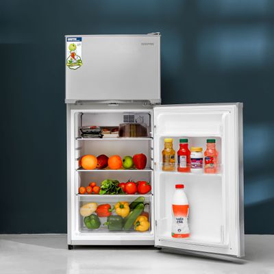 No-frost Double Door Compact Refrigerator 200L Gross Capacity/122L Net Capacity, Auto Defrost-Prevent Ice Formation, Lock And Key, Spacious Vegetable Crisper Box, Fan Cooling For Long Lasting Freshness, 92L Fridge + 30L Freezer Capacity 120 W GRF2003SPN Grey