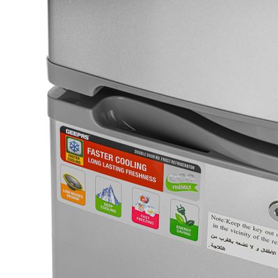 Geepas No-frost Double Door Compact Refrigerator 200L Gross Capacity/122L Net Capacity, Auto Defrost-Prevent Ice Formation, Lock And Key, Spacious Vegetable Crisper Box, Fan Cooling For Long Lasting Freshness, 92L Fridge + 30L Freezer Capacity 120 W GRF2003SPN Grey