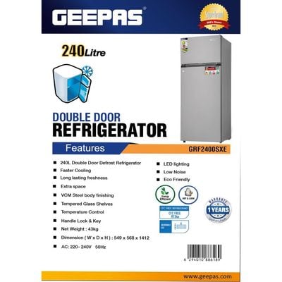 240L Gross - 171L Net Capacity, Double Door Defrost Refrigerator With faster Cooling, Long Lasting Freshness, Extra Space, VCM Steel Body,Tempered Glass Shelves, Handle Lock And Key, Temperature Control, LED Lighting GRF2400SXE Silver