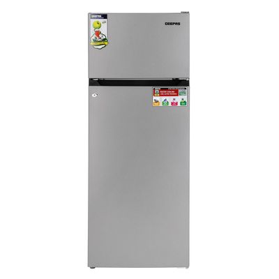 Geepas 240L Gross - 171L Net Capacity, Double Door Defrost Refrigerator With faster Cooling, Long Lasting Freshness, Extra Space, VCM Steel Body,Tempered Glass Shelves, Handle Lock And Key, Temperature Control, LED Lighting GRF2400SXE Silver