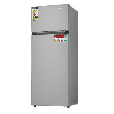 Geepas 240L Gross - 171L Net Capacity, Double Door Defrost Refrigerator With faster Cooling, Long Lasting Freshness, Extra Space, VCM Steel Body,Tempered Glass Shelves, Handle Lock And Key, Temperature Control, LED Lighting GRF2400SXE Silver