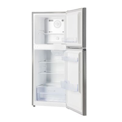 Geepas 250L Gross-180L Net Capacity, No Frost Double Door Refrigerator With Multi Air Flow, Stainless Steel Body, Recessed Handle, Tempered Glass Shelves, Faster And Deep Cooling, LED Internal Lamp, Ice Tray, Egg Tray GRF2522SXN Grey