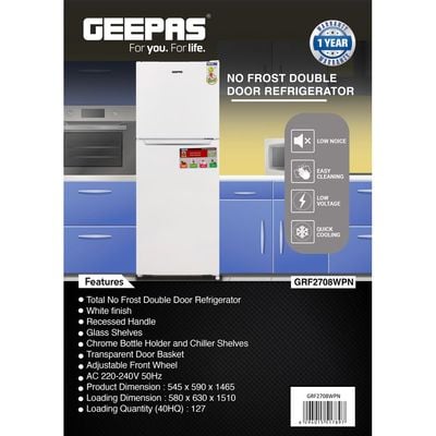 Geepas 270L Gross/ 200L Net Capacity No Frost Double Door Refrigerator With Multi Air Flow, Refrigerator Crisper Box, Big Vegetable Box, Grip Handle Glass Shelves, Chrome Bottle Handle & Chiller Shelves, Transparent Door Basket GRF2708WPN White