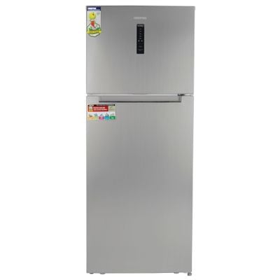 Geepas 500L Gross/420L Net Capacity No Frost Double Door Refrigerator With Multi Airflow, Recessed Handle, Lock & Key, LED Interior Light, Ice Tray, Egg Tray, Unbreakable Glass Shelves, Large Crisper Drawer With Humidity Control,  Fridge - 325L/Freezer- 95L capacity GRF5109SXHN Silver