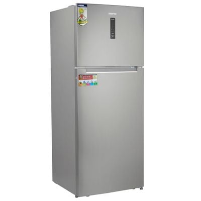 Geepas 500L Gross/420L Net Capacity No Frost Double Door Refrigerator With Multi Airflow, Recessed Handle, Lock & Key, LED Interior Light, Ice Tray, Egg Tray, Unbreakable Glass Shelves, Large Crisper Drawer With Humidity Control,  Fridge - 325L/Freezer- 95L capacity GRF5109SXHN Silver